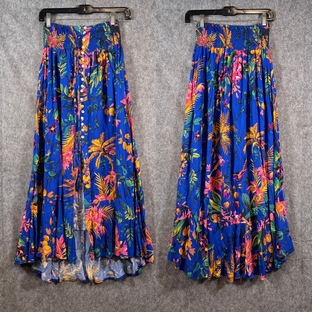 Rachel Roy Resortwear Maxi Skirt Womens S Tropical Floral Smocked Button Batik